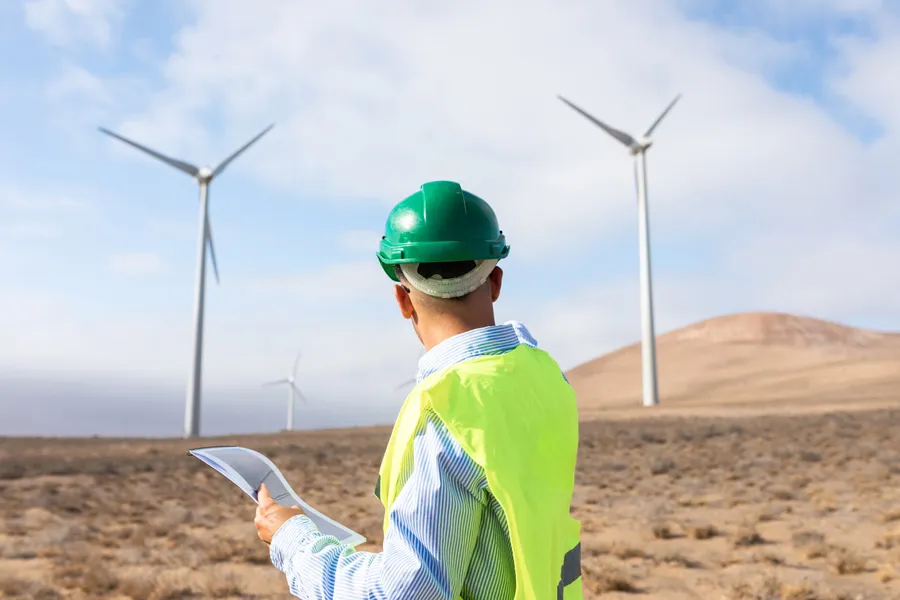 Techniker mit Bauhelm blickt auf Windkraftanlagen in einer weiten Landschaft